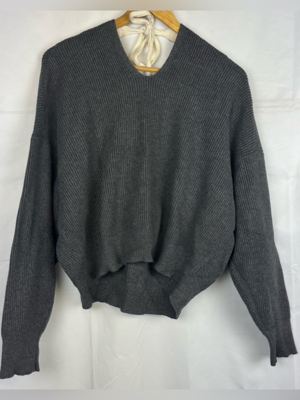 ZARA Gray Charcoal Ribbed Knit Sweater Open Back Tie Back Long Sleeve